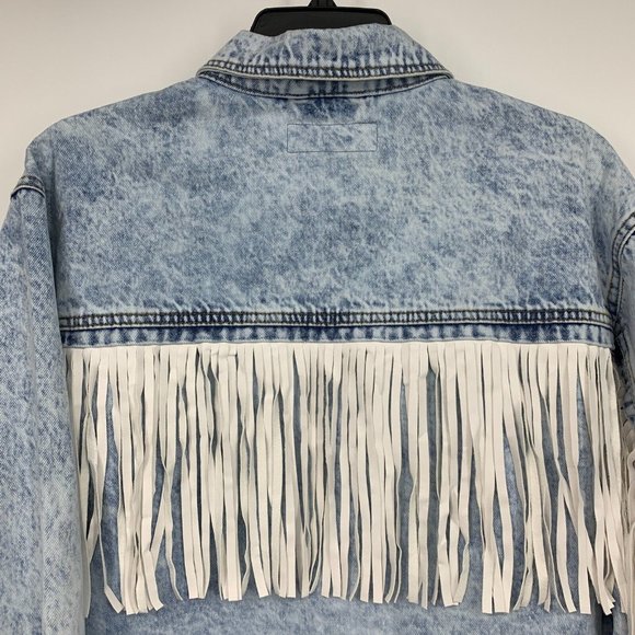 BlankNYC Jacket Nice Try Blue Denim White Fringe Button - Picture 11 of 14